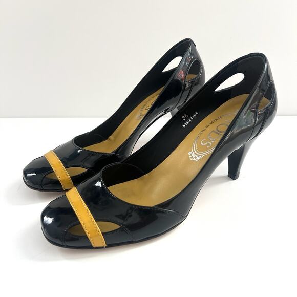 Tod's Women Black Yellow Band Patent Leather Square Toe Cut Out Heels 36 / 6 - Picture 7 of 13